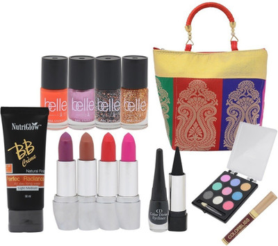

NutriGlow Nutriglow- Set of 4 premium lipsticks+ 4 nailpaints+ 1 BB cream+1 Eye liner+1 Kajal+ 1 eye shadow+ 1 party bag+1 sindoor(Pack of 11)
