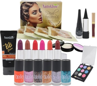 

NutriGlow Nutriglow- 1 pearl facial kit 55 gm+ 6 lipstick+ 6 nailpaints+1 BB cream+ 1 eye shadow +1 5-in-1 compact+1 eye liner+1 kajal+ 1 sindoor(Pack of 9)