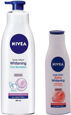 

Nivea WHITENING COOL SENSATION SPF 15 BODY LOTION WITH MENTHOL,400 ML +EXTRA WHITENING CELL REPAIR SPF 15 BODY LOTION 75 ML(400 ml)