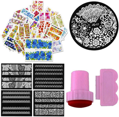 

STZ Nail Art Combo - 10 Sheets of Water Transfer Nail Art Stickers - JQ17 Nail Art Plate - Nail Art Stamper - Nail Art Scaper - 4 Sheets of Adhesive Nail Art Stickers(white)