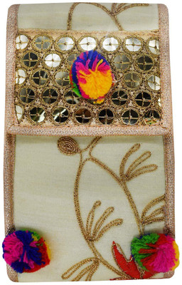 

Bagaholics Ethnic Raw Silk Mobile Pouch with Embroidery, Waist clip & Multi-Coloured Pom Pom Ladies Purse Mobile Pouch(Gold)