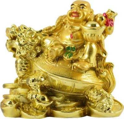 

ReBuy Laughing Buddha on Dragon and wealth for money and health and luck Decorative Showpiece - 5 cm(Polyresin, Gold)