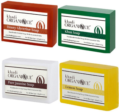 

Khadi Organique lemon soap,honey glycerine soap,pure jasmine soap khus soap combo pack 500 gm (pack of 4)(500 g, Pack of 4)