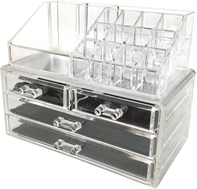 

LakhanPal Acrylic Jewelry Cosmetic and Makeup Organizer, 2 Piece Set Transparent Vanity Box(White)