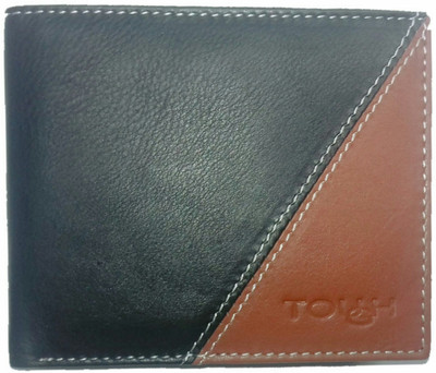 

TOUGH Men Black Genuine Leather Wallet(6 Card Slots), Black-tan