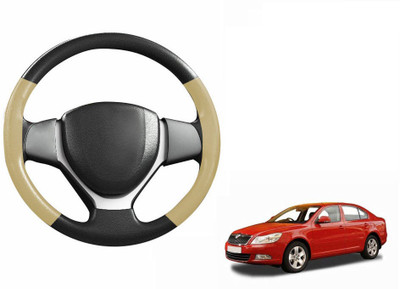 CARIZO Hand Stiched Steering Cover For Skoda Laura(Black, Beige, Leatherite)