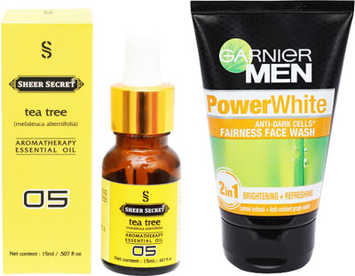 

SHEER SECRET AROMATHERAPY TEA TREE ESSENTIAL OIL 15ML with GARNIER MEN'S POWER WHITE FACEWASH 100ML(Set of 2)