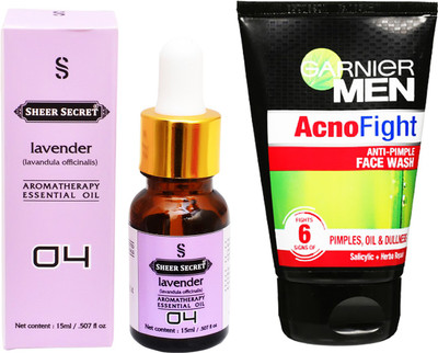 

SHEER SECRET AROMATHERAPY LAVENDER ESSENTIAL OIL 15ML with GARNIER MEN'S ACNO FIGHT FACEWASH 100ML(Set of 2)