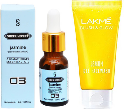 

SHEER SECRET AROMATHERAPY JASMINE ESSENTIAL OIL 15ML with LAKME BLUSH & GLOW LEMON GEL FACEWASH 100ML(Set of 2)