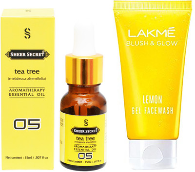 

SHEER SECRET AROMATHERAPY TEA TREE ESSENTIAL OIL 15ML with LAKME BLUSH & GLOW LEMON GEL FACEWASH 100ML(Set of 2)