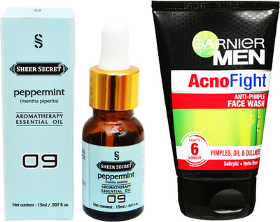 

SHEER SECRET AROMATHERAPY PEPPERMINT ESSENTIAL OIL 15ML with GARNIER MEN'S ACNO FIGHT FACEWASH 100ML(Set of 2)