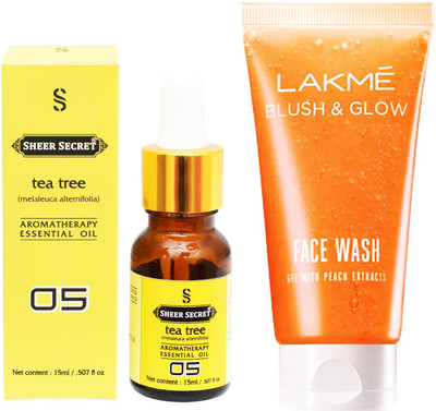 

SHEER SECRET AROMATHERAPY TEA TREE ESSENTIAL OIL 15ML with LAKME BLUSH & GLOW PEACH GEL FACEWASH 100ML(Set of 2)