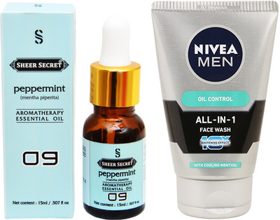 

SHEER SECRET AROMATHERAPY PEPPERMINT ESSENTIAL OIL 15ML with NIVEA ALL IN 1 FACEWASH 100ML(Set of 2)