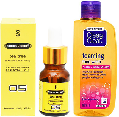 

SHEER SECRET AROMATHERAPY TEA TREE ESSENTIAL OIL 15ML with CLEAN & CLEAR FOAMING FACEWASH 100ML(Set of 2)