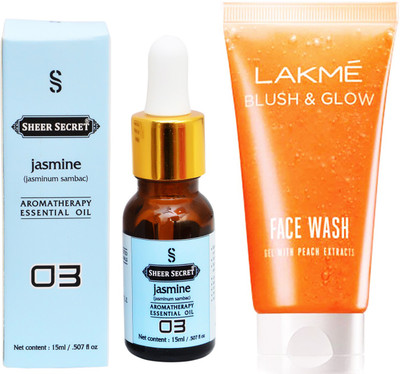 

SHEER SECRET AROMATHERAPY JASMINE ESSENTIAL OIL 15ML with LAKME BLUSH & GLOW PEACH GEL FACEWASH 100ML(Set of 2)