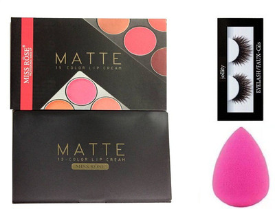 

jollity Eyelash And Miss Rose 15 Color Lip Cream And 1 Blender puff combo Pack of 3(Set of 3)