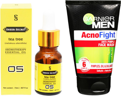 

SHEER SECRET AROMATHERAPY TEA TREE ESSENTIAL OIL 15ML with GARNIER MEN'S ACNO FIGHT FACEWASH 100ML(Set of 2)