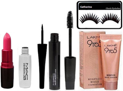 

catherine eyelashes with mac liquid eyeliner, haute and naughty mascara, lady gaga lipstick, lakme 9to5 weightless mousse foundation(Set of 5)