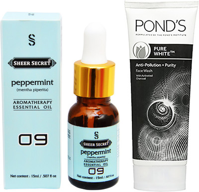 

SHEER SECRET AROMATHERAPY PEPPERMINT ESSENTIAL OIL 15ML with POND'S PURE WHITE FACEWASH 100ML(Set of 2)
