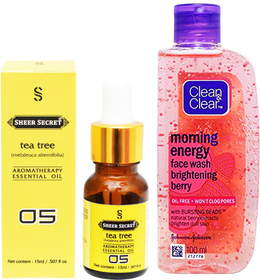 

SHEER SECRET AROMATHERAPY TEA TREE ESSENTIAL OIL 15ML with CLEAN & CLEAR MORNING ENERGY BERRY FACEWASH 100ML(Set of 2)