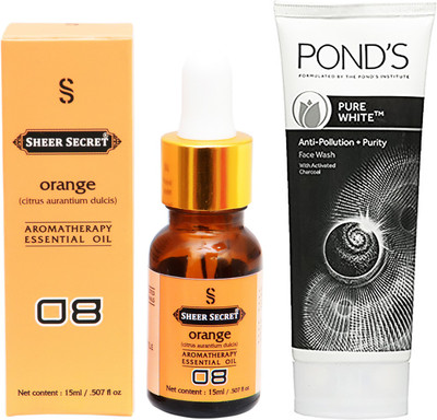 

SHEER SECRET AROMATHERAPY ORANGE ESSENTIAL OIL 15ML with POND'S PURE WHITE FACEWASH 100ML(Set of 2)
