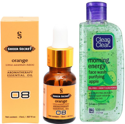 

SHEER SECRET AROMATHERAPY ORANGE ESSENTIAL OIL 15ML with CLEAN & CLEAR MORNING ENERGY APPLE FACEWASH 100ML(Set of 2)