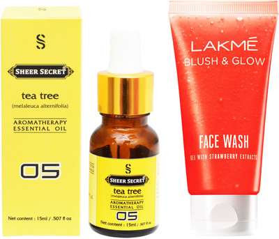 

SHEER SECRET AROMATHERAPY TEA TREE ESSENTIAL OIL 15ML with LAKME BLUSH & GLOW STRAWBERRY GEL FACEWASH 100ML(Set of 2)