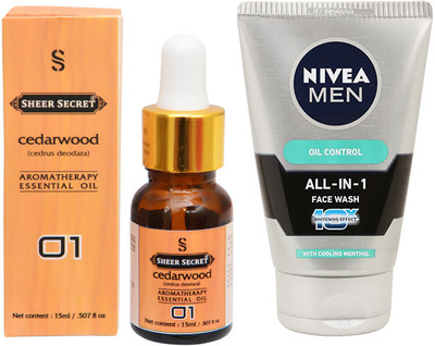 

SHEER SECRET AROMATHERAPY CEDARWOOD ESSENTIAL OIL 15ML with NIVEA ALL IN 1 FACEWASH 100ML(Set of 2)
