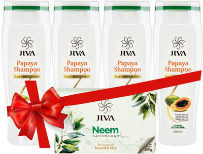 Jiva Papaya Shampoo (200 ml) Pack of 4 with Neem Soap(Set of 6)
