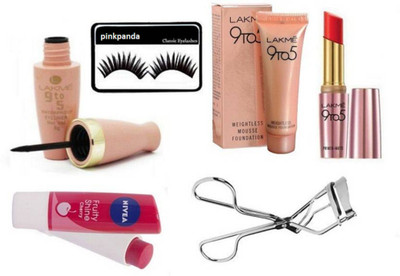 

Pinkpanda Eyelashes With Nvea Lip Balm With Lakme 9to5 Mousse Foundation 6gm,Liquid Eyeliner,Primer+Matte Lipstick & Eyelashes Curler(Set of 6)