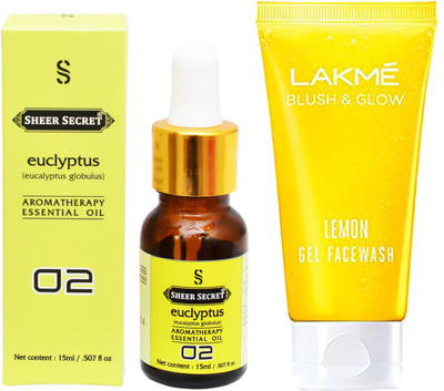 

SHEER SECRET AROMATHERAPY EUCLYPTUS ESSENTIAL OIL 15ML with LAKME BLUSH & GLOW LEMON GEL FACEWASH 100ML(Set of 2)