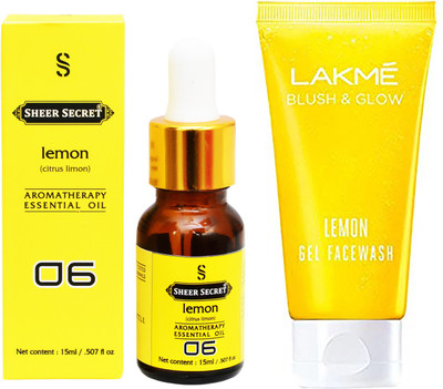 

SHEER SECRET AROMATHERAPY LEMON ESSENTIAL OIL 15ML with LAKME BLUSH & GLOW LEMON GEL FACEWASH 100ML(Set of 2)
