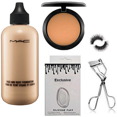 

Exclusive Silicon Puff & Face And Body Foundation & Mac Compact & Curler & Eyelashes(Set of 5)
