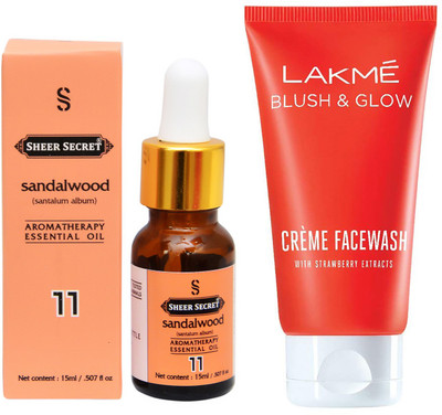 

SHEER SECRET AROMATHERAPY SANDALWOOD ESSENTIAL OIL 15ML with LAKME BLUSH & GLOW STRAWBERRY CREME FACEWASH 100ML(Set of 2)