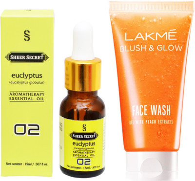 

SHEER SECRET AROMATHERAPY EUCLYPTUS ESSENTIAL OIL 15ML with LAKME BLUSH & GLOW PEACH GEL FACEWASH 100ML(Set of 2)