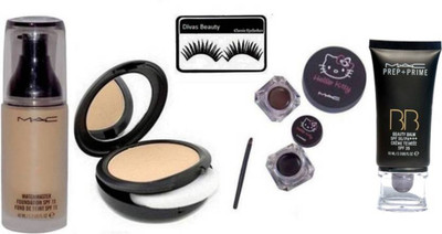

divas beauty eyelashes & Mac MatchMaster Foundation & hello kItty Gel Eyeliner & Studio Fix Compact, Prep+Prime BB BEauty Balm Cream Foundation(Set of 5)