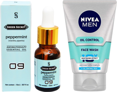 

SHEER SECRET AROMATHERAPY PEPPERMINT ESSENTIAL OIL 15ML with NIVEA OIL CONTROL FACEWASH 100ML(Set of 2)