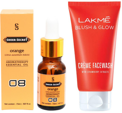 

SHEER SECRET AROMATHERAPY ORANGE ESSENTIAL OIL 15ML with LAKME BLUSH & GLOW STRAWBERRY CREME FACEWASH 100ML(Set of 2)