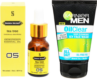 

SHEER SECRET AROMATHERAPY TEA TREE ESSENTIAL OIL 15ML with GARNIER MEN'S OIL CLEAR FACEWASH 100ML(Set of 2)