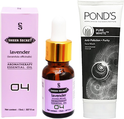 

SHEER SECRET AROMATHERAPY LAVENDER ESSENTIAL OIL 15ML with POND'S PURE WHITE FACEWASH 100ML(Set of 2)