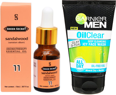 

SHEER SECRET AROMATHERAPY SANDALWOOD ESSENTIAL OIL 15ML with GARNIER MEN'S OIL CLEAR FACEWASH 100ML(Set of 2)