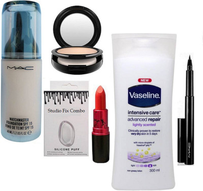 

studio fix combo Silicon Puff & Matchmaster Foundation & vesline body lotion & Lady Gaga Lipstick & Pen Eyeliner & Mac Compact(Set of 6)