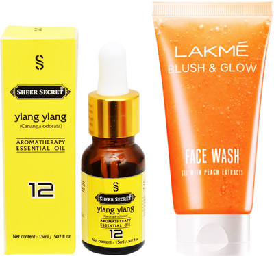 

SHEER SECRET AROMATHERAPY YLANG YLANG ESSENTIAL OIL 15ML with LAKME BLUSH & GLOW PEACH GEL FACEWASH 100ML(Set of 2)
