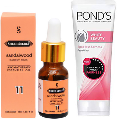 

SHEER SECRET AROMATHERAPY SANDALWOOD ESSENTIAL OIL 15ML with POND'S WHITE BEAUTY FACEWASH 100ML(Set of 2)