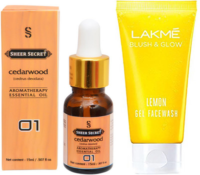 

SHEER SECRET AROMATHERAPY CEDARWOOD ESSENTIAL OIL 15ML with LAKME BLUSH & GLOW LEMON GEL FACEWASH 100ML(Set of 2)
