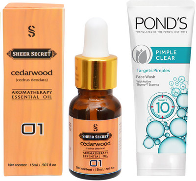 

SHEER SECRET AROMATHERAPY CEDARWOOD ESSENTIAL OIL 15ML with POND'S PIMPLE CLEAR FACEWASH 100ML(Set of 2)