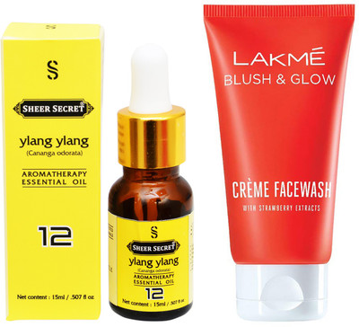 

SHEER SECRET AROMATHERAPY YLANG YLANG ESSENTIAL OIL 15ML with BLUSH & GLOW STRAWBERRY CREME FACEWASH 100ML(Set of 2)