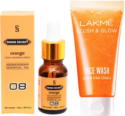 SHEER SECRET AROMATHERAPY ORANGE ESSENTIAL OIL 15ML with LAKME BLUSH & GLOW PEACH GEL FACEWASH 100ML(Set of 2)