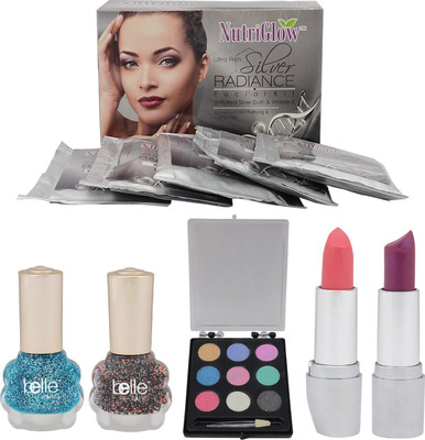 

NutriGlow Set Of 1 Silver Radiance Facial Kit + 2 Lipsticks + 2 Nail paints + 1 Eye Shadow(Set of 1)