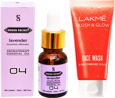 

SHEER SECRET AROMATHERAPY LAVENDER ESSENTIAL OIL 15ML with LAKME BLUSH & GLOW STRAWBERRY GEL FACEWASH 100ML(Set of 2)